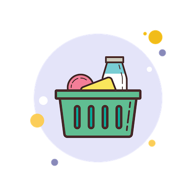 illustration of green basket of milk bottle cheese and red apple